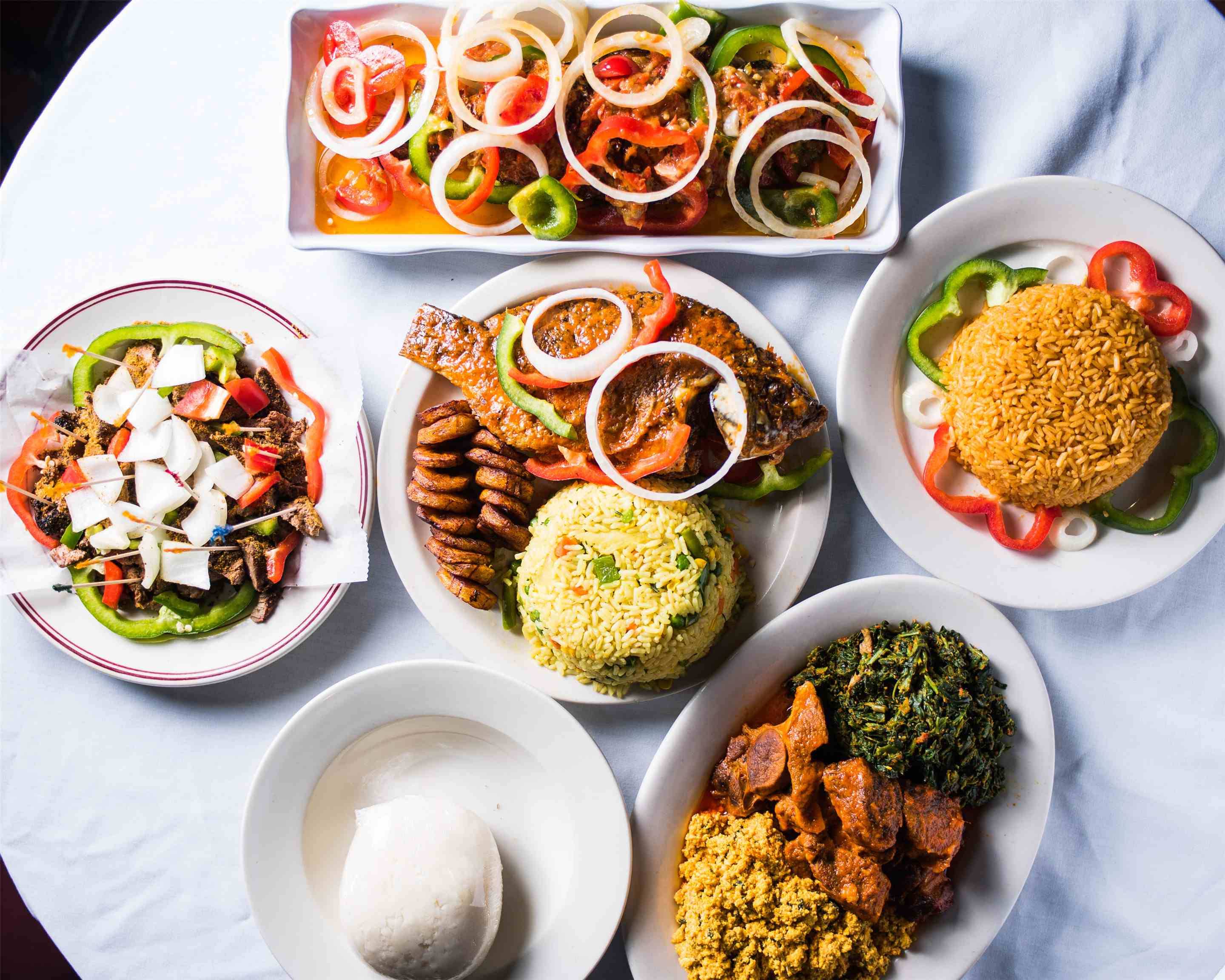 An overhead spread of African Grill dishes